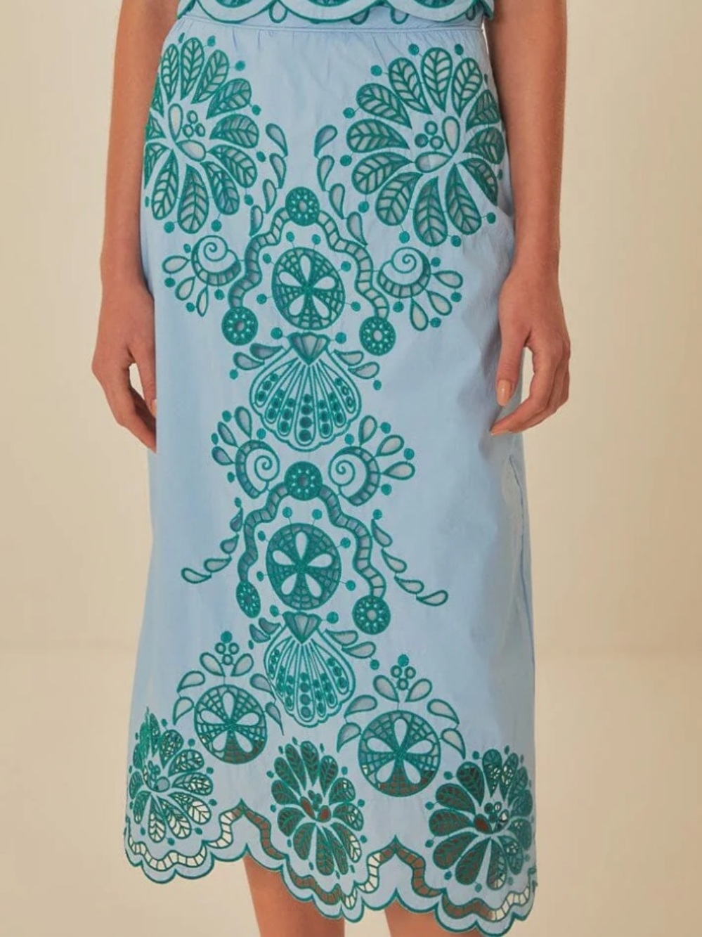 Farm Rio Light Blue & Green Graphic Richelieu Midi Skirt SZ M